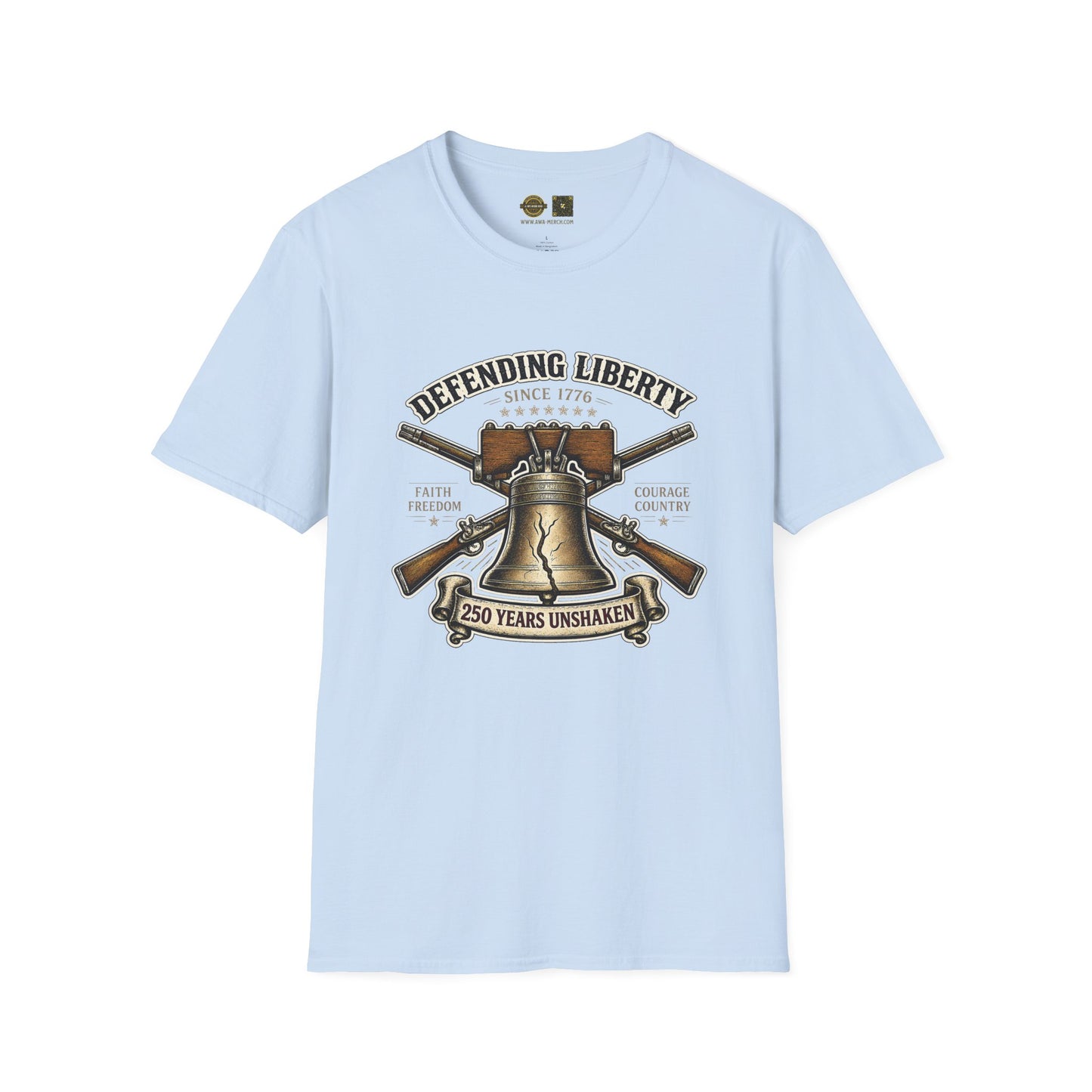 Defending Liberty T-Shirt — Liberty Bell & Crossed Rifles 250 Years