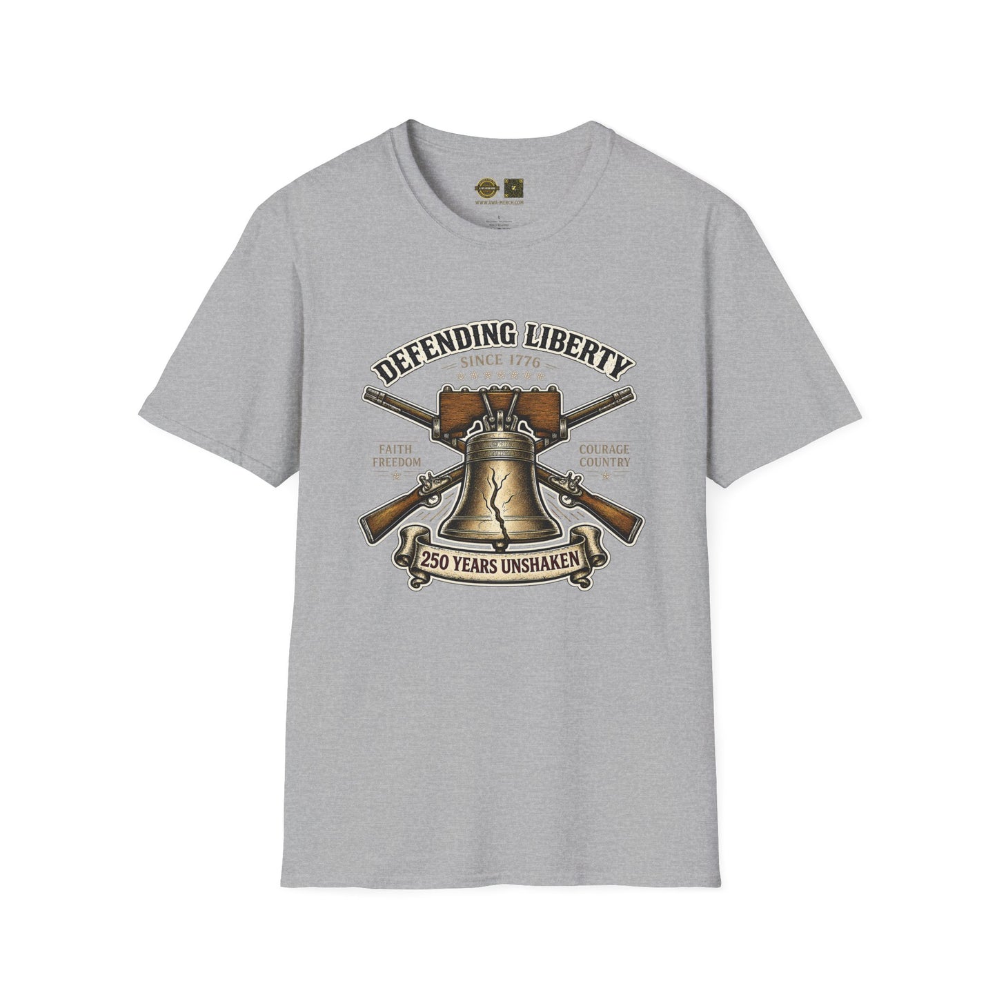 Defending Liberty T-Shirt — Liberty Bell & Crossed Rifles 250 Years
