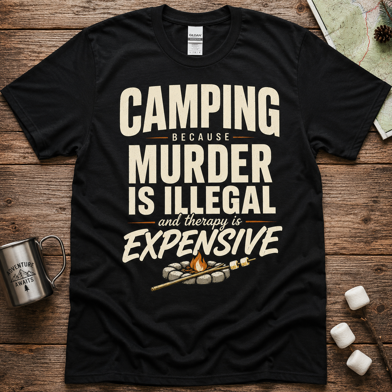Camping Because Murder Is Illegal Shirt, Funny Camping T-Shirt, Therapy Is Expensive Tee, Camper Gift, RV Camping Humor Shirt
