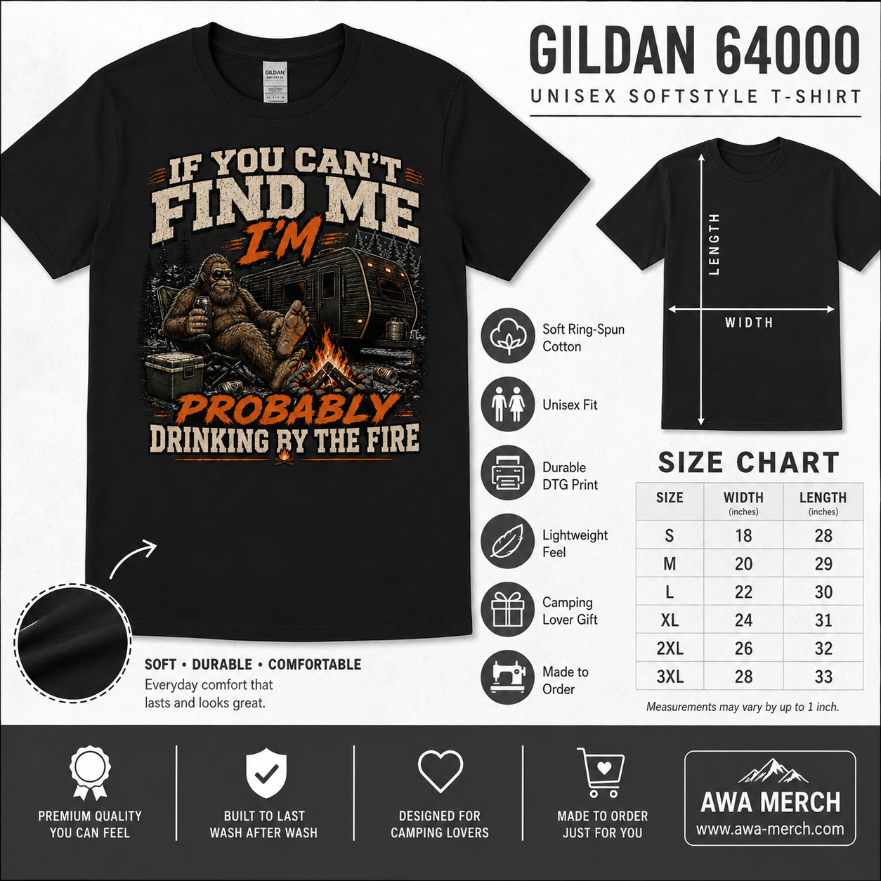 If You Can't Find Me I'm Probably Drinking By The Fire Shirt | Funny Bigfoot Camping Tee
