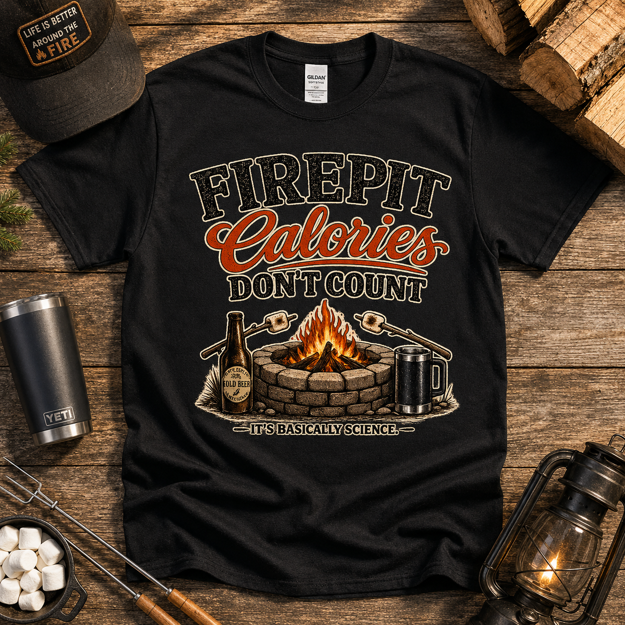 Firepit Calories Don't Count Shirt | Funny Backyard Firepit Tee | Campfire Drinking Shirt | Firepit Lover Gift